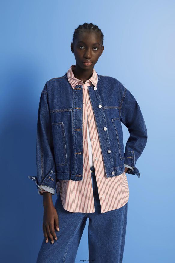 ז'קטים il Esprit נשים ז'קט ג'ינס ללא צווארון עם שרוכים כביסה כחולה כהה X088P4298