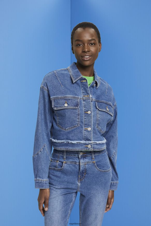 ז'קטים il Esprit נשים ז'קט ג'ינס קצוץ עם עיטורים משופשפים כביסה כחולה כהה X088P4311