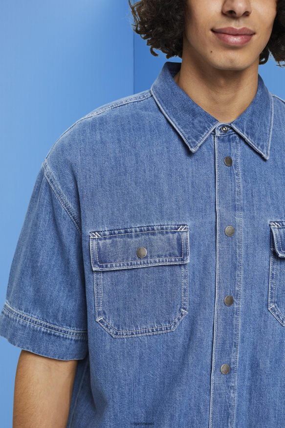 חולצות il Esprit גברים חולצת ג'ינס עם שרוולים קצרים כביסה בינונית כחולה X088P4670